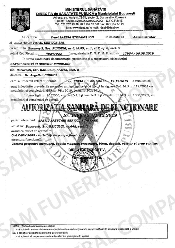 Sam Funeral Company - Autorizatie