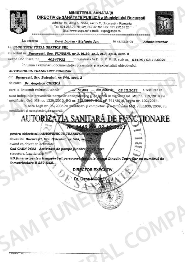 Sam Funeral Company - Autorizatie