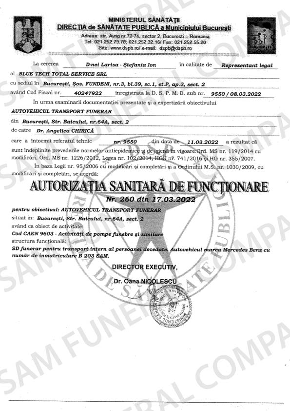 Sam Funeral Company - Autorizatie